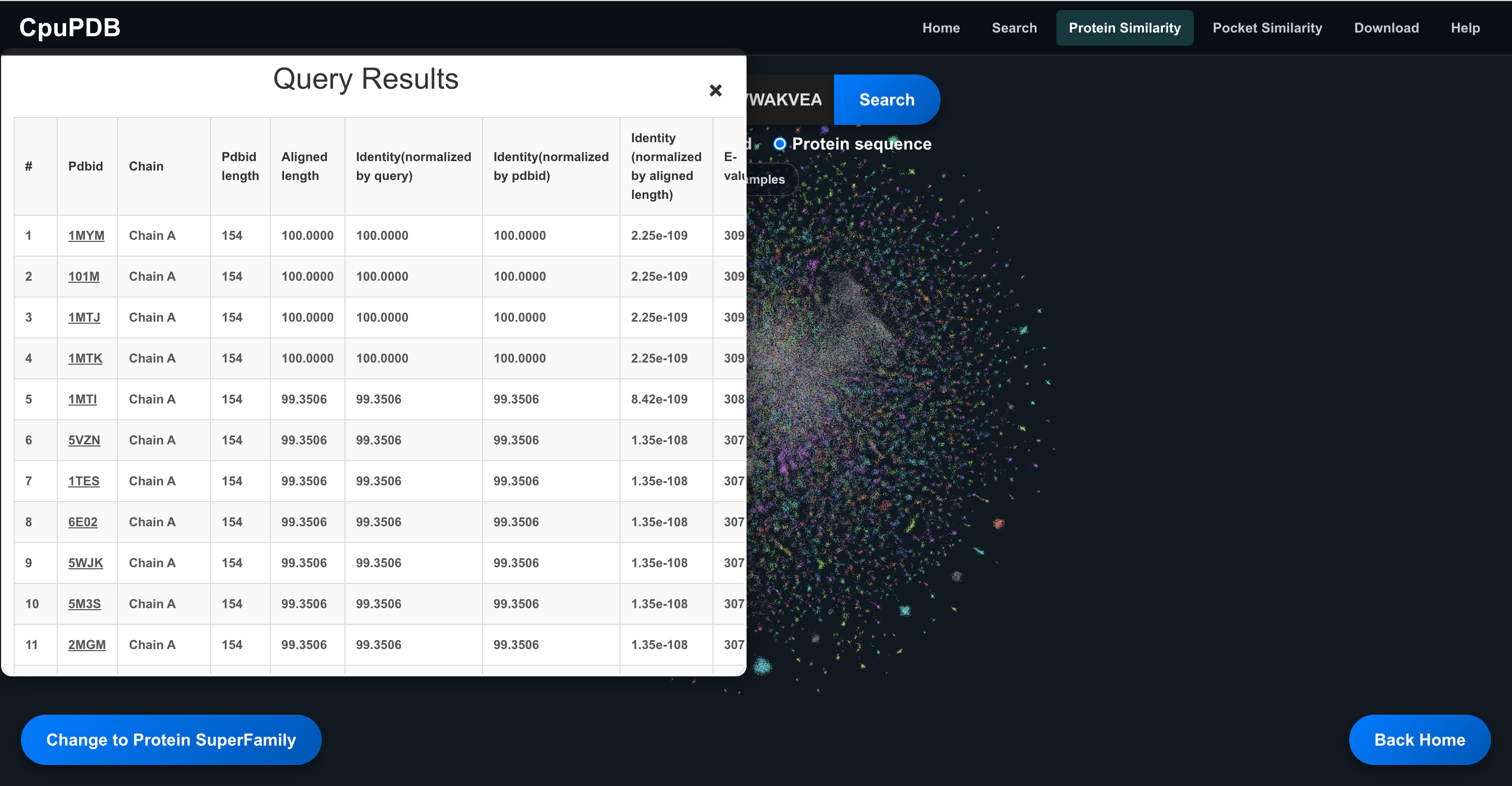 Protein sequence search results
